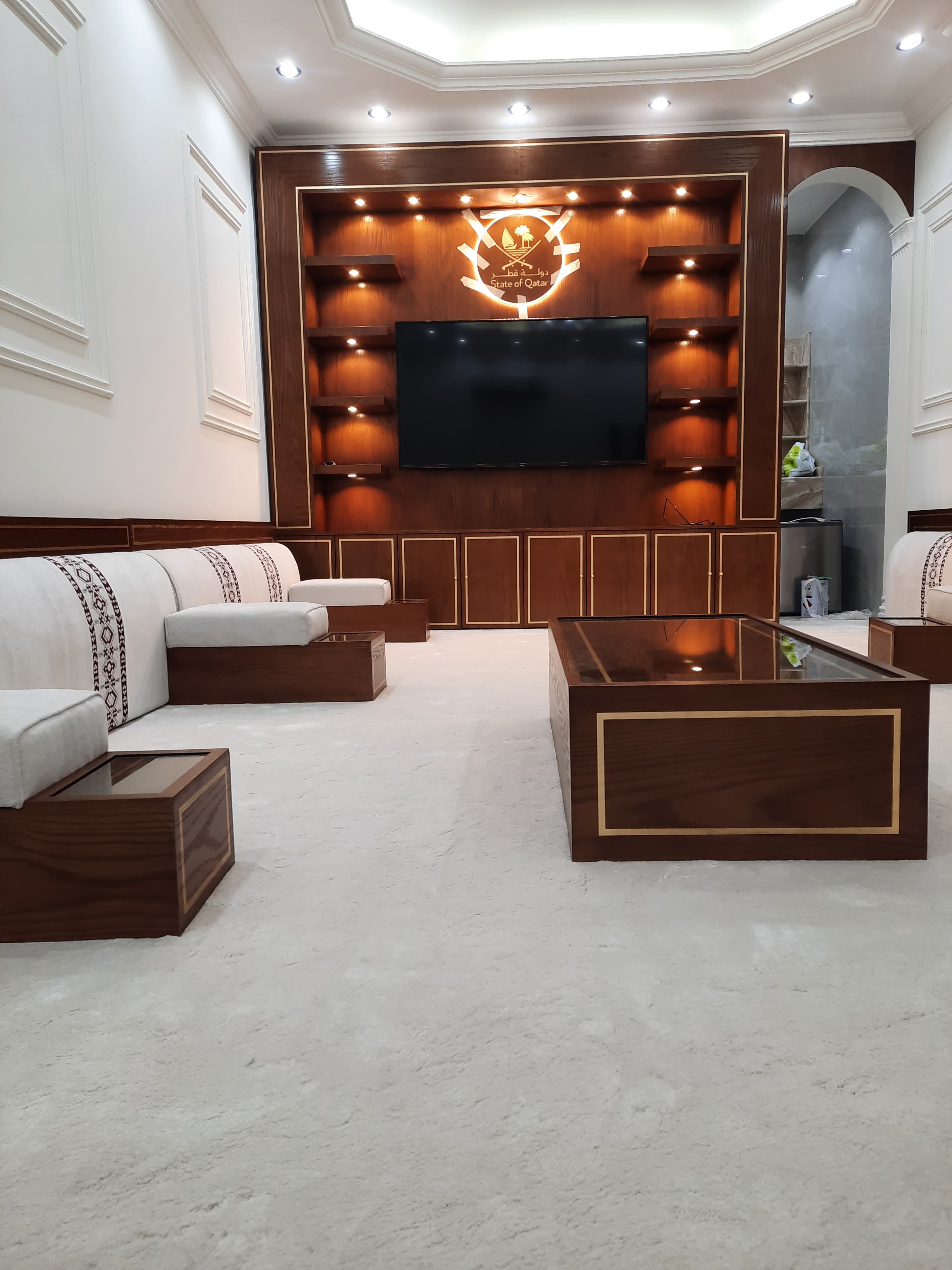 Khema tent-style majlis sofa running along a tent wall